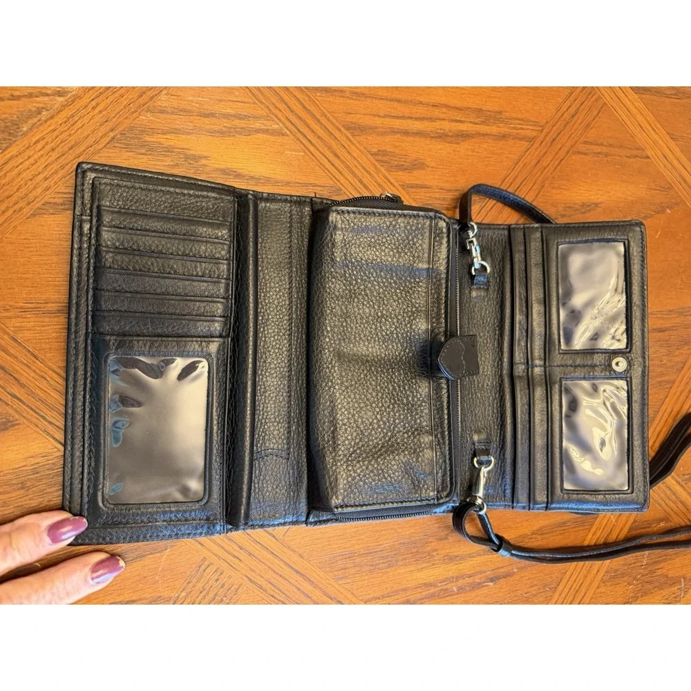 Ladies BRIGHTON Crossbody Organizer Clutch Wallet - Black Leather & Heart Fabric
